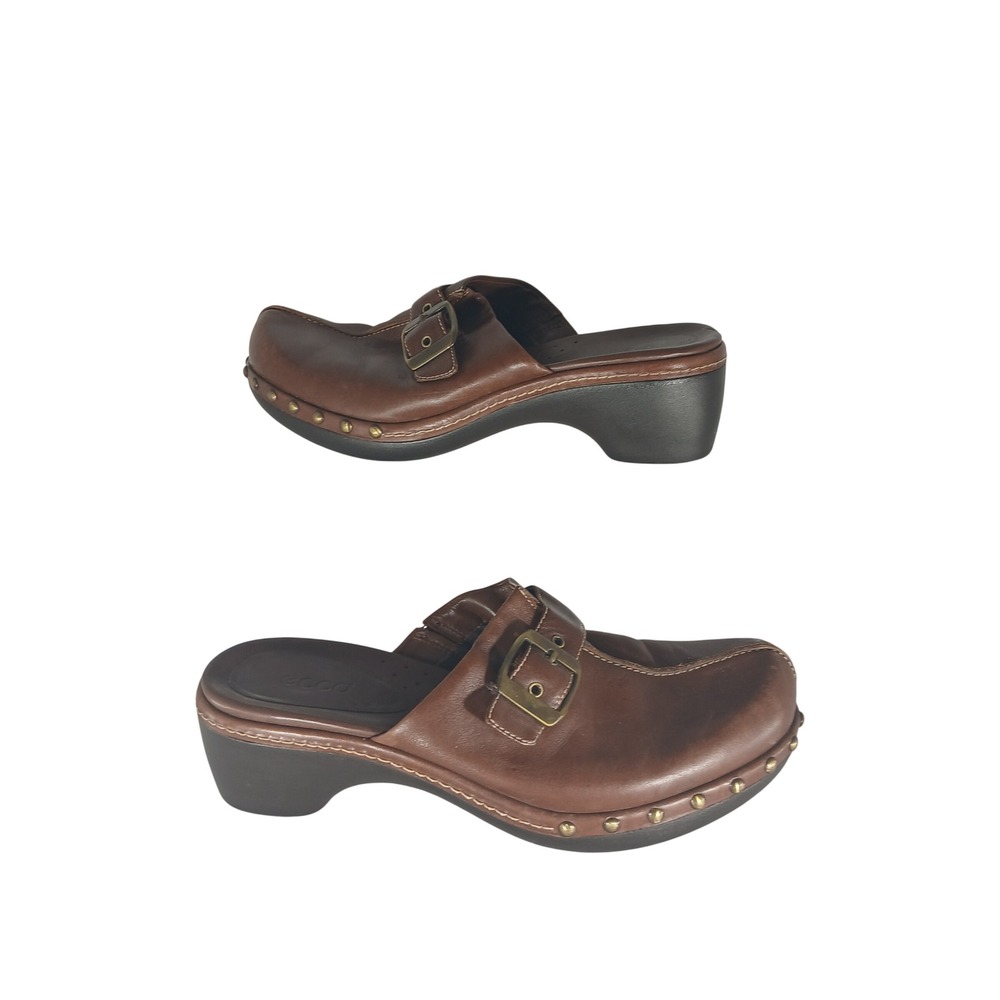 ECCO Leather Clog Mules 38 Brown Studded Buckle Block Heel Boho 312729